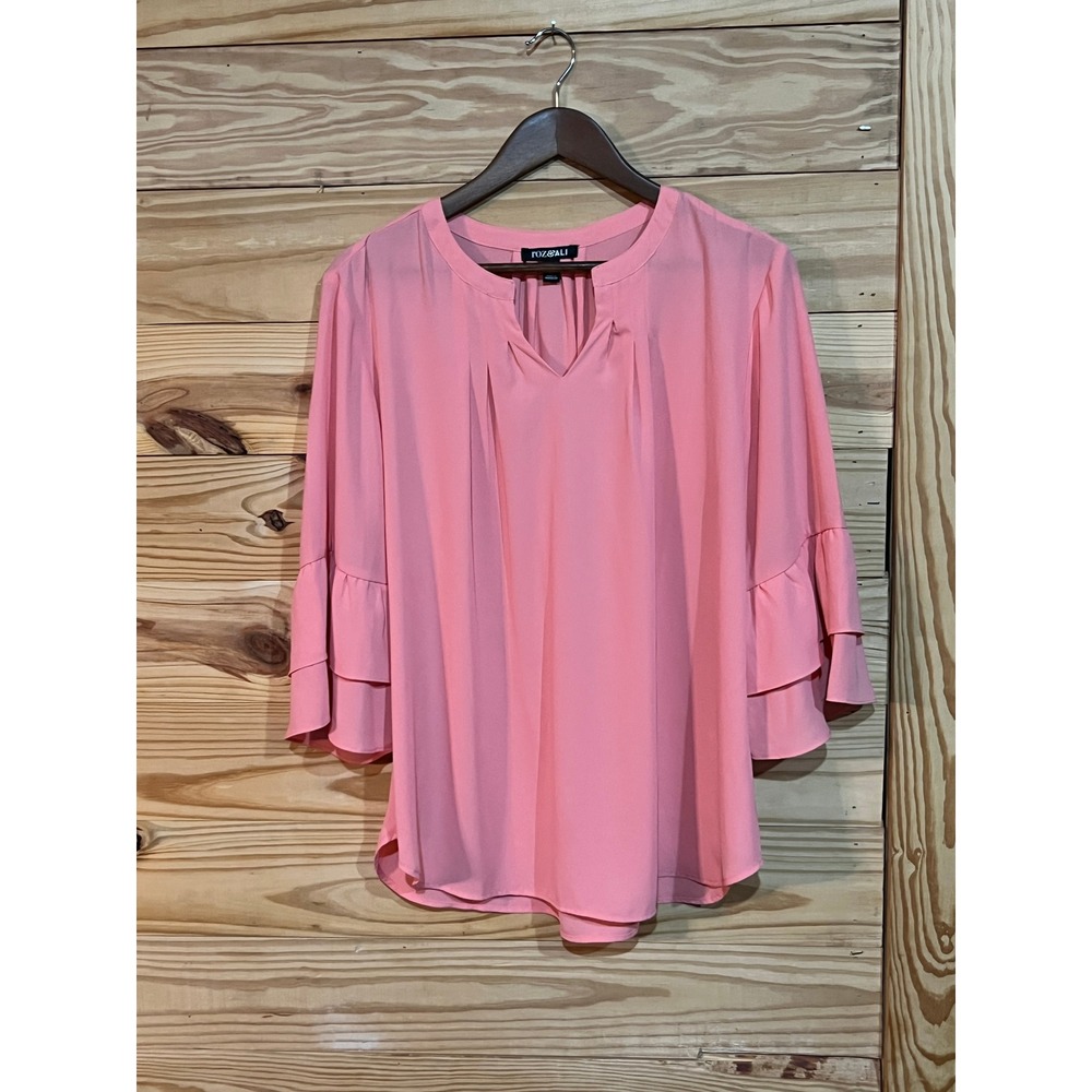 Roz & Ali Apricot Coral Pink 3/4 Sleeve Ruffle Pleated Tunic Top Sheer Womens XL